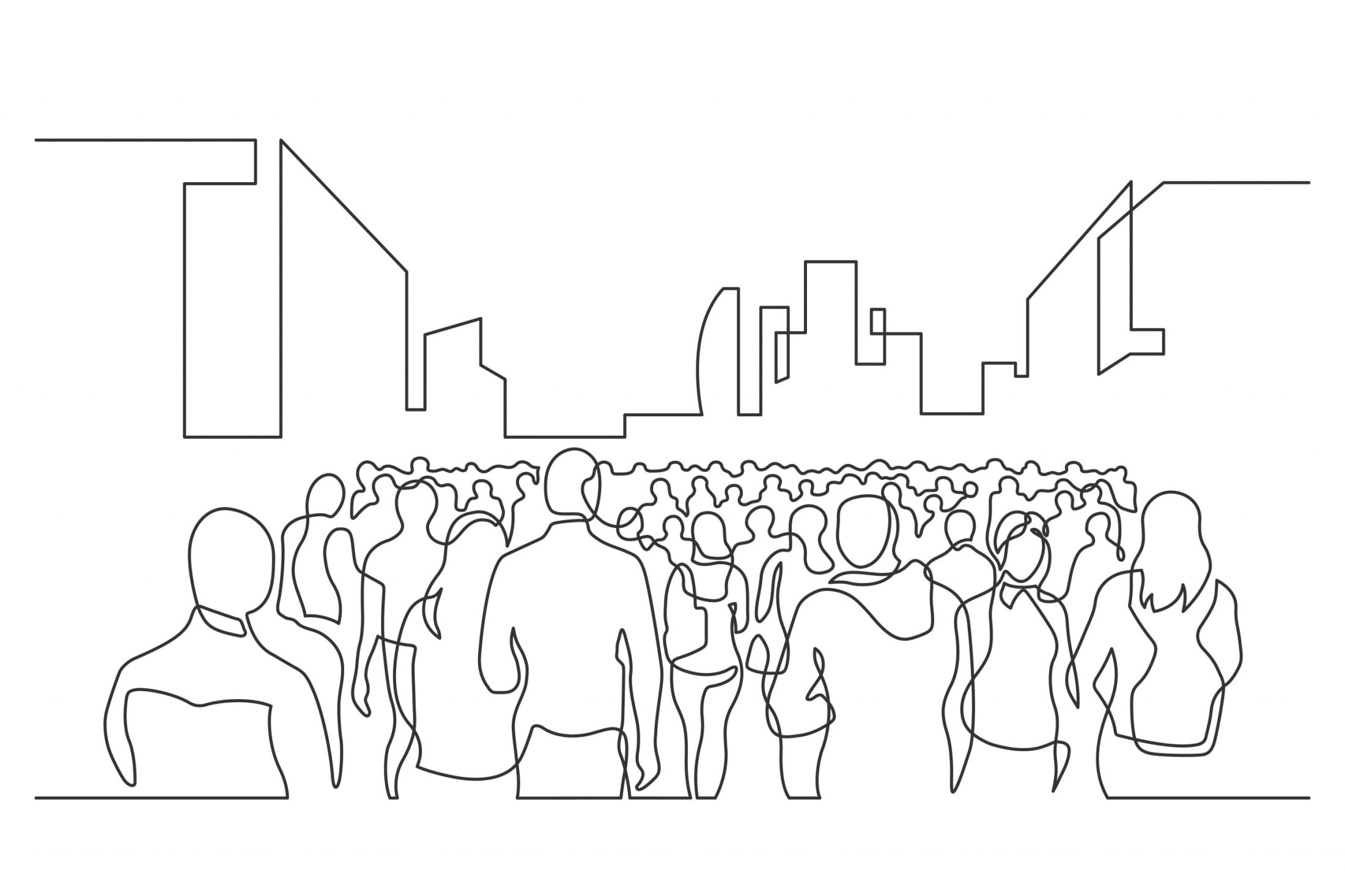Continuous line drawing of people crowd walking on city street. Vector illustration