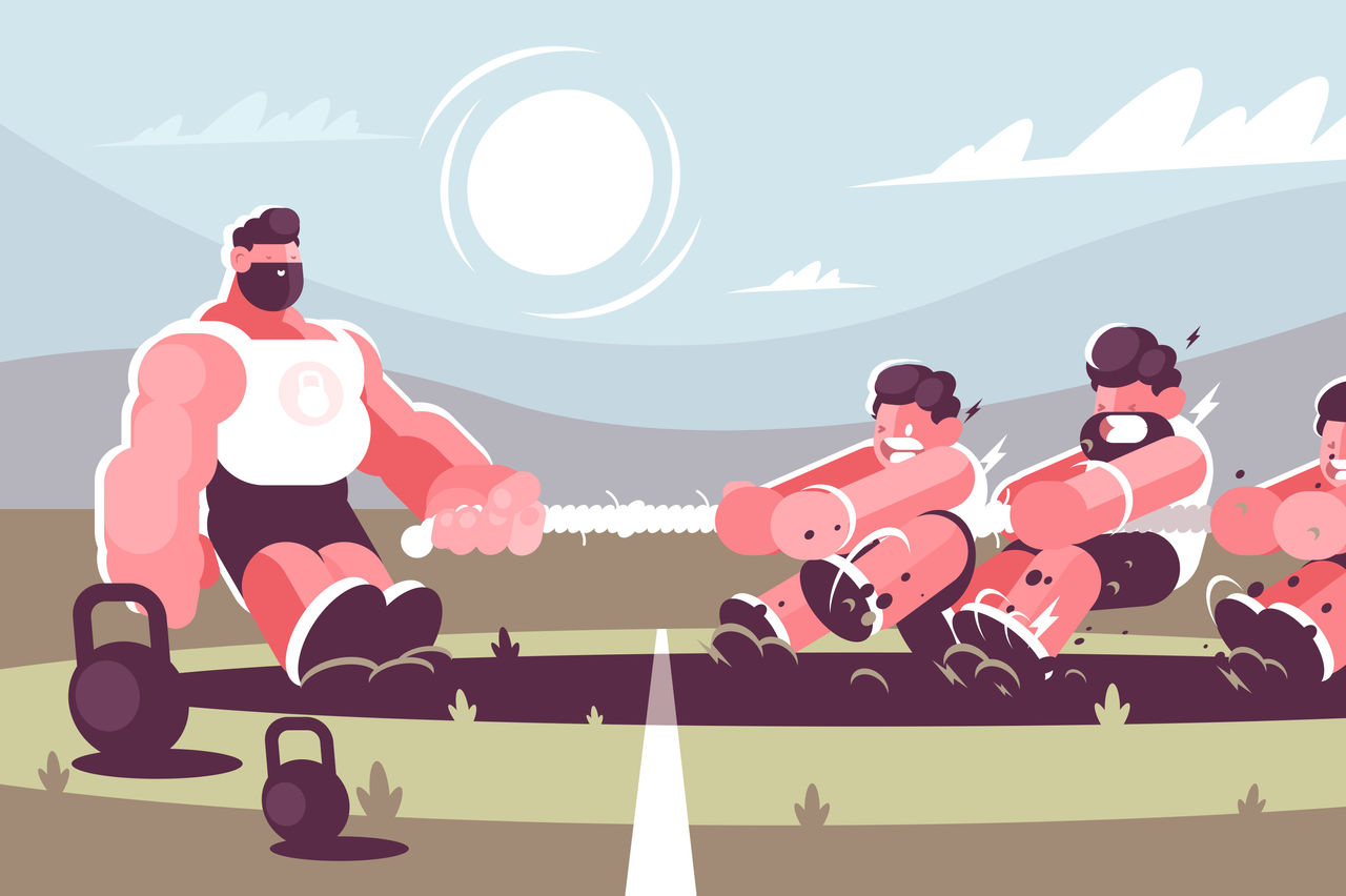 Powerful man competing with men in tug of war battle concept. Strong muscular leadership athlete . Flat. Vector illustration.